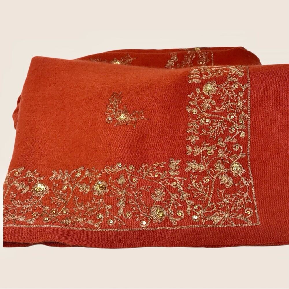 Pashmina Cashmere Blanket Scarf Wrap Orange Gold Embroidered Thread & Sequin - Picture 11 of 12